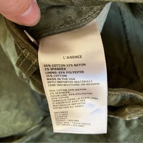 L’agence Margot High Rise Ivy Green Velvet Stretch Denim Pants Size 28 - Picture 3 of 11
